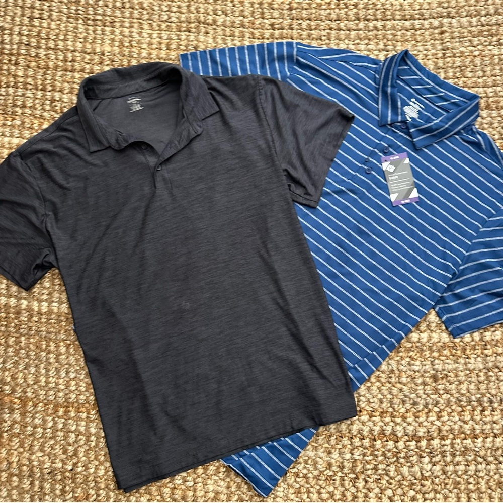 2 Item Combo Member's Mark Performance Polo Shirt XXL Black Blue Stripe